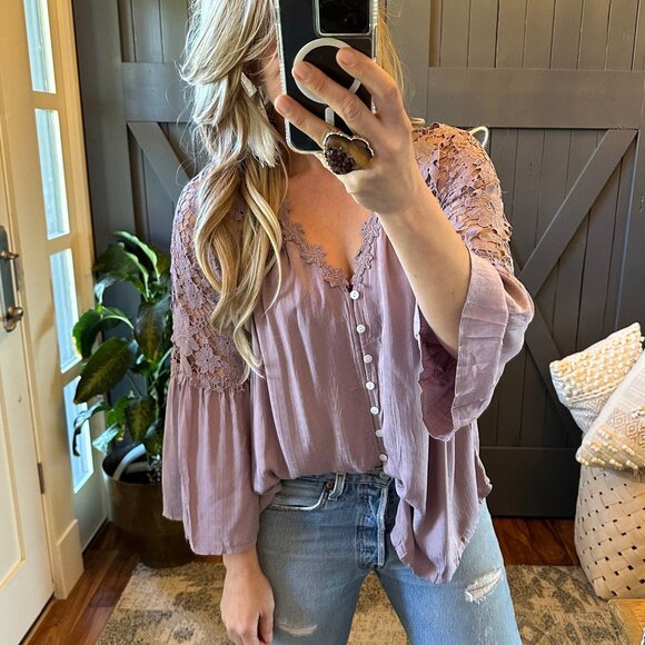 Cotton Blouse 3/4 Sleeve Button Front Floral Purple Top - Picture 1 of 8